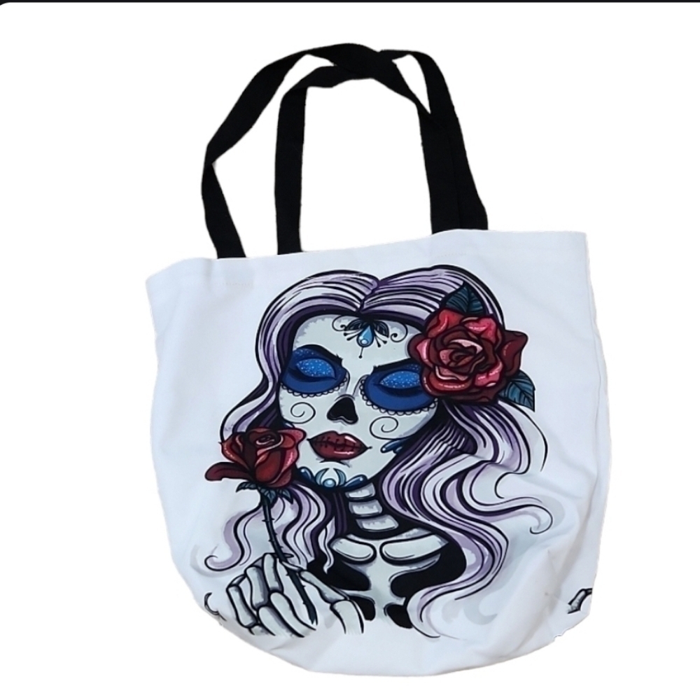 Sugar Skull Canvas Tote Shoulder Bag - Picture 4 of 5